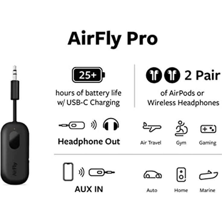 Twelve South AirFly Pro Bluetooth Wireless Audio Transmitter/Receiver für bis zu 2 AirPods/Wireless Kopfhörer; Verwendung mit jeder 3,5 mm Audio Buchse, Schwarz – Bild 3