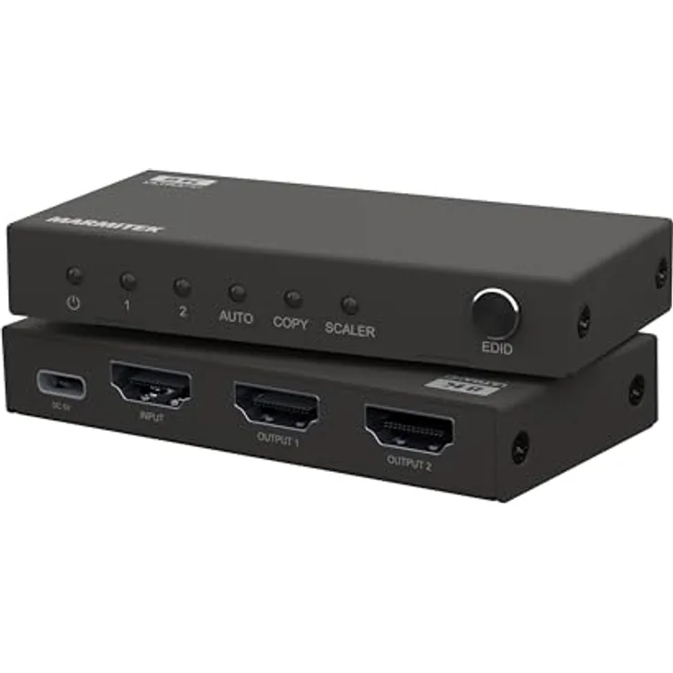 HDMI Splitter 4K120 Gaming - Marmitek Split 712-1 Eingang / 2 Ausgänge - 8K60 - HDMI Verteiler - 48Gbps - HDR 120 Hz - HDMI 2.1 - VRR-ALMM-QMS-QFT - EDID Schalter - Metalles Gehäuse