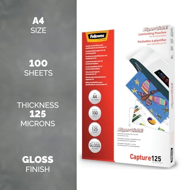 Fellowes Capture125 SuperQuick Laminierfolien glänzend, A4, 125 micron, 100 St. – Bild 2