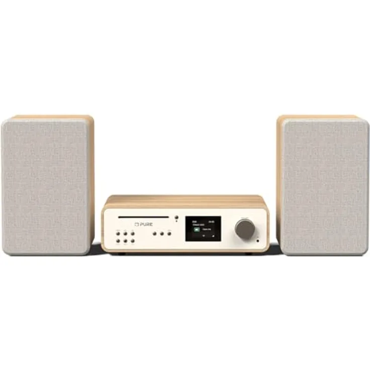 Pure Classic Stereo HiFi Music System (100W Sound, Internet Radio, DAB+/FM, Bluetooth, CD Player, USB and Spotify Connect) Cotton White/Oak, Lautsprecher mit kraftvollem Stereo-Sound