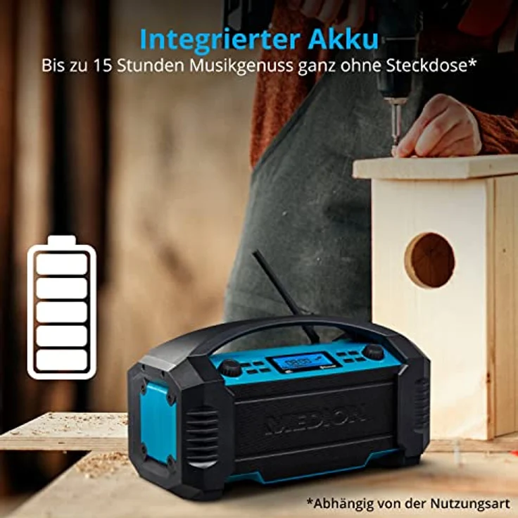 MEDION E66050 DAB+ Baustellenradio (Integrierter Akku, IP54 Schutz gegen Spritzwasser & Staub, USB-Ladefunktion, Bluetooth 5.0, PLL UKW Radio, LED-Arbeitslicht, Akku- oder Netzbetrieb) blau – Bild 5