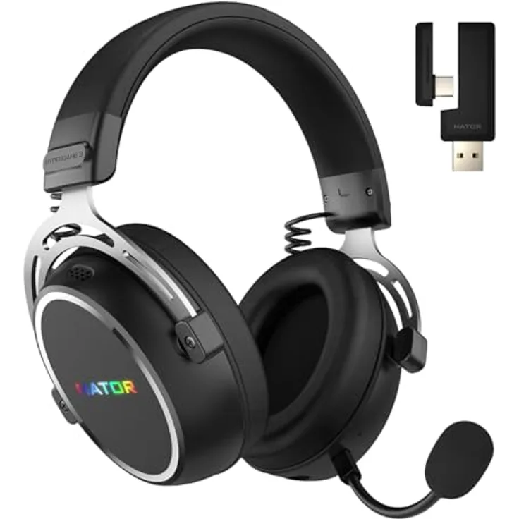 HATOR Hypergang 3 Wireless Gaming-Headset, Hi-Res Audio, Hybrid ANC, 45h Akku, Spatial Audio, Bluetooth & 2.4GHz, abnehmbares Mikrofon, RGB, schwarz