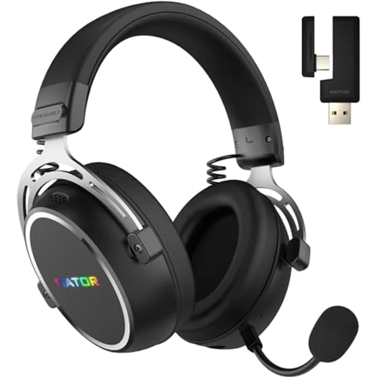 HATOR Hypergang 3 Wireless Gaming-Headset, Hi-Res Audio, Hybrid ANC, 45h Akku, Spatial Audio, Bluetooth & 2.4GHz, abnehmbares Mikrofon, RGB, schwarz – Bild 1