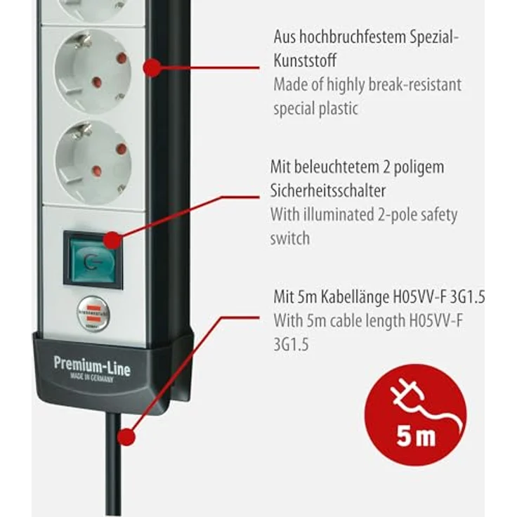 Brennenstuhl Premium-Line, Steckdosenleiste 6-fach (Steckerleiste mit Schalter und 5m Kabel - 45° Anordnung der Steckdosen, Made in Germany) schwarz-grau – Bild 3