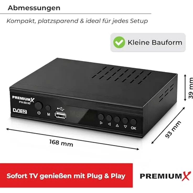 PremiumX FTA 522 HD, DVB-S2 Digital Satellitenreceiver, Unicable tauglich, HDMI & SCART, 2x USB Media Player, 12V FullHD, 4000 Sender Speicher, vorinstallierte deutsche Sender – Bild 3