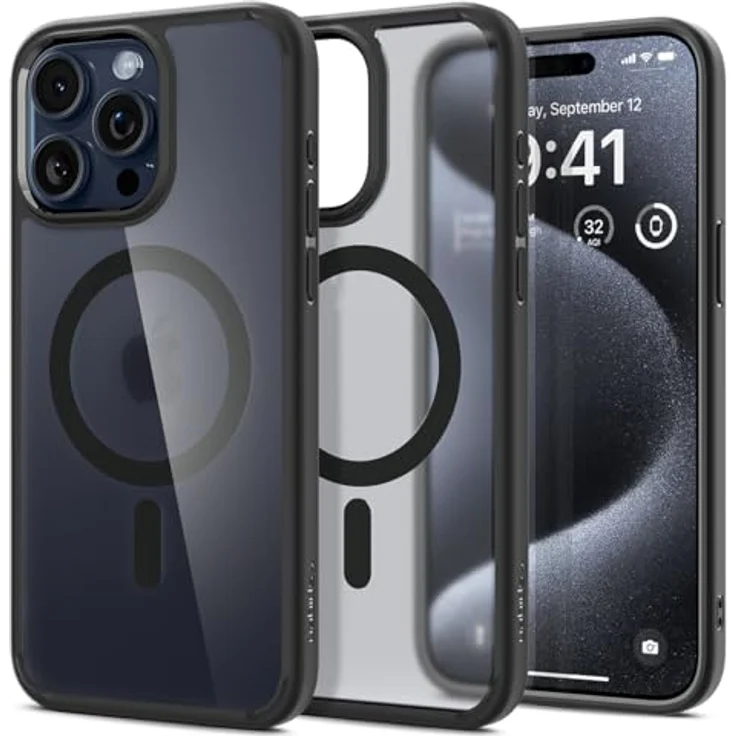 Spigen für iPhone 15 Pro Ultra Hybrid Frost MagFit Hülle [Anti-Yellowing] Case Handyhülle Transparent Dünn Slim Kompatibel mit MagSafe -Schwarz – Bild 1