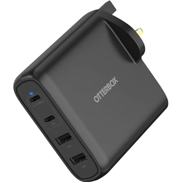 OtterBox 100W USB-C PD GaN 4 Port Ladegerät, 2x USB-C + 2x USB-A, Schnellladegerät für Smartphones und Tablets, sturzgeschützt und robust, Schwarz