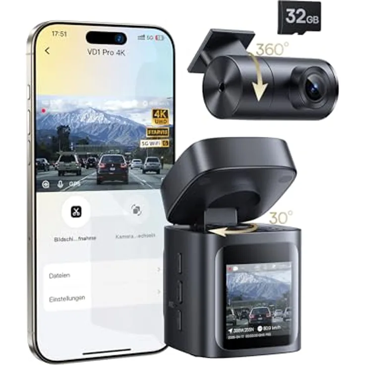 Baseus VD1 Pro Dashcam, kabellose 4K+1080P Dashcam für Auto vorne und hinten, Solar-Dashcam mit 24h Parküberwachung, STARVIS Nachtsicht, 5GHz WLAN, GPS, 170° Weitwinkel und 32GB Karte