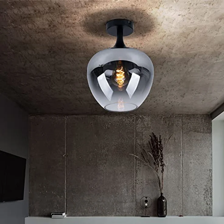 GLOBO Deckenlampe Rauchglas Wohnzimmerleuchte, Metall schwarz, 1x E27, DxH 24x31,5 cm – Bild 2