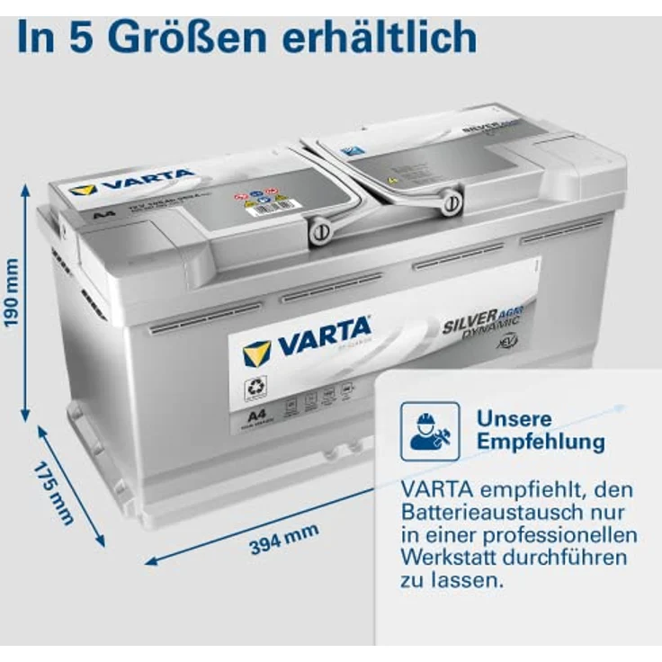 VARTA A4 Silver Dynamic AGM 12V 105Ah 950A Autobatterie für Start-Stop-Systeme, auslaufsicher und rüttelfest – Bild 7
