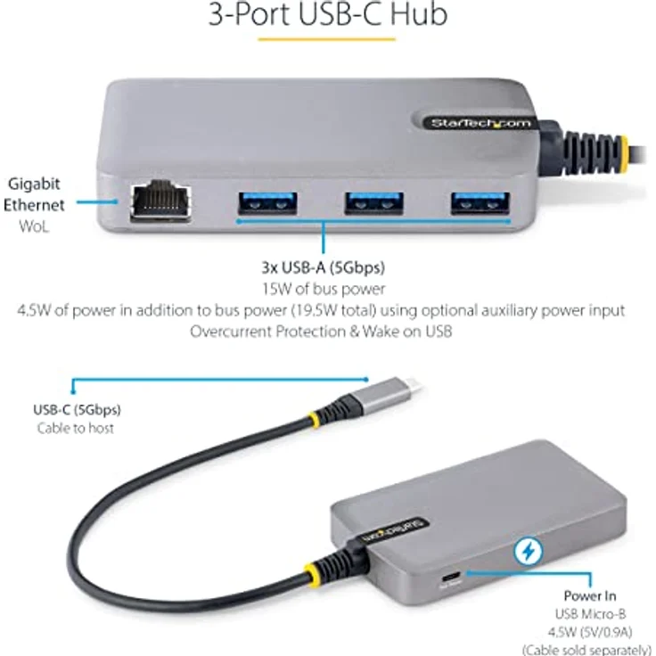 StarTech 3-Port USB-C Hub with Ethernet, 3x USB-A Ports, Gigabit Ethernet, USB 3.0 5Gbps, Bus-Powered, USB Type-C Hub w-GbE and 1ft-30cm Long Cable, Portable Laptop USB C Hub Adapter - USB Expansion Hub, RJ45 (5G3AGBB-USB-C-HUB) - Hub - 3 x USB 3.2 Gen 1 + 1 x micro-USB + 1 x 10-100-1000 - Desktop (5G3AGBB-USB-C-HUB) – Bild 3