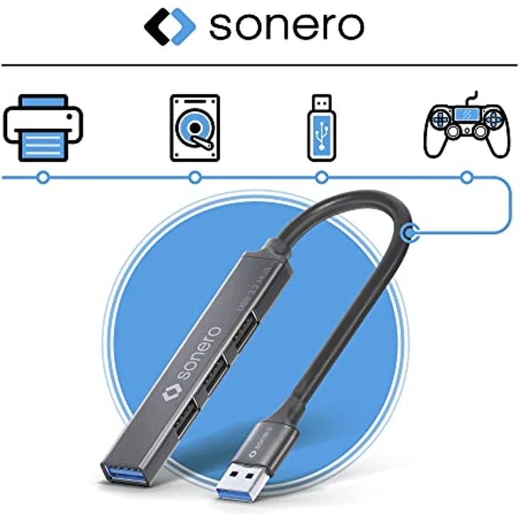 Sonero USB-Hub, USB-Verteiler, 4-Port, 1x USB 3.2 mit 5 GB/s, 3X USB 2.0 mit 480 MB/s, USB-A Stecker, Ultra Slim, Space Grey, 0,15m, S-UH100-001 – Bild 4