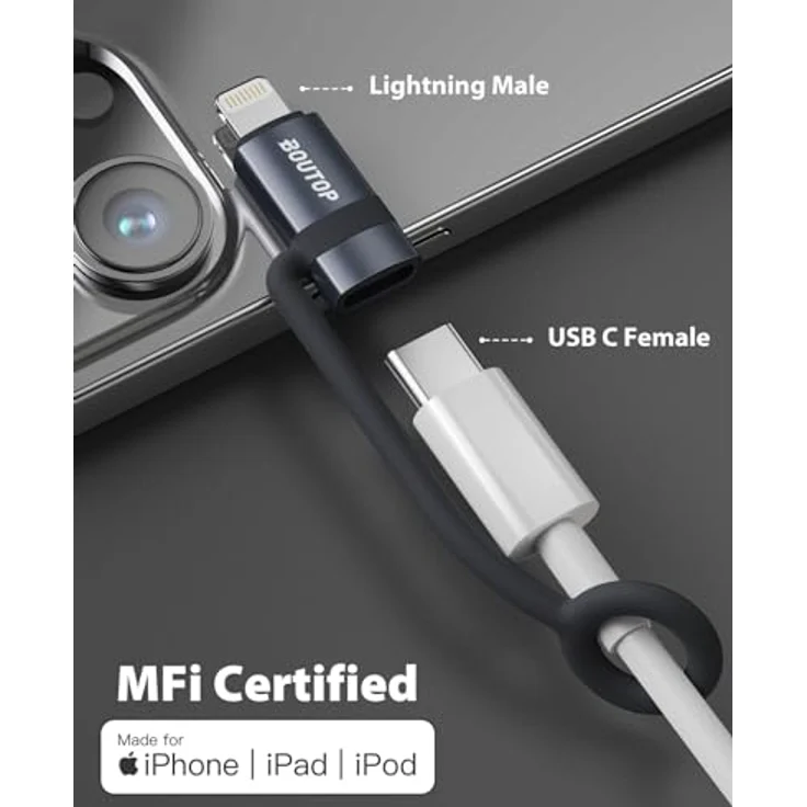 BOUTOP USB C auf Lightning Adapter, 36W für Schnelles Laden und Datenübertragung, 2 Stück mit Anti-Verlust-Seil, Dunkelgrau, MFi Zertifiziert für iPhone 14 und iPad Air 4/Mini 5 – Bild 5