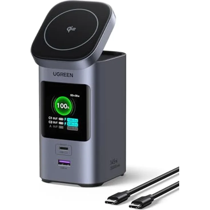 UGREEN Nexode Power Bank 20000mAh 145W Max, mit Qi2-zertifizert, 15W Kabellose Schnellladung, 2C1A mit TFT Display - Kompatibel mit iPhone 16 Pro Max/Pro/16/15, MacBook und mehr