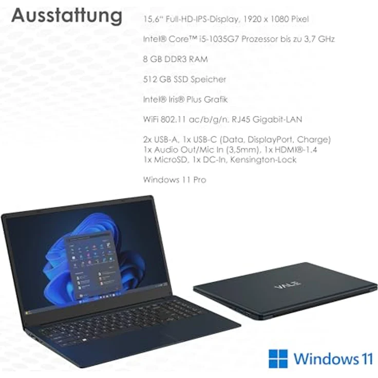 VALE V15E-I5-8512D Notebook | 15,6" Full-HD IPS | Intel® Core™ i5-1035G7 Prozessor | 8 GB RAM | 512 GB SSD | Windows 11 Pro (Dunkelblau) – Bild 2