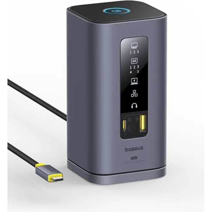 Baseus Spacemate Displaylink Docking Station USB C 11-in-1, 3 Monitore 4K, 10Gbps USB-C/A, 100W PD, Ethernet, Audio, für M1/M2/M3/Win und MacOS, vertikal, grau