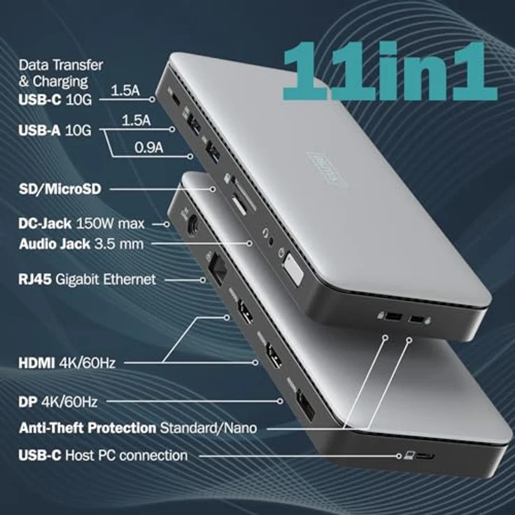 DIGITUS USB-C Docking Station - 11-Ports - 2X HDMI, 1x Displayport UltraHD 4k/60Hz - 2X USB-A 3.2 Gen2, 1x USB-C 3.2 Gen2-1x RJ45 - Dual Kartenleser - 1x 3,5mm Audio - Grau – Bild 2