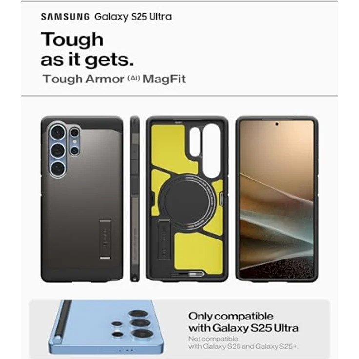 Spigen Tough Armor (AI) MagFit Hülle für Samsung Galaxy S25 Ultra, Kompatibel mit MagSafe -Gunmetal, Doppelschichtige Schutzhülle mit Kickstand und integriertem Magnet – Bild 2