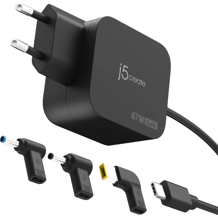 j5Create JUP1565DCE3A-EN GaN-PD-USB-C-Mini-Ladegerät, 67 Watt mit 3 DC-Steckverbindertypen, Schwarz