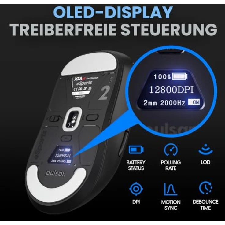 Pulsar Gaming Gears X2A ES kabellose Gaming-Maus, beidhändig, optischer Schalter, OLED-Display, PAW3395-Sensor, 100-Stunden-Akku, 4K-Dongle, schwarz, medium – Bild 4
