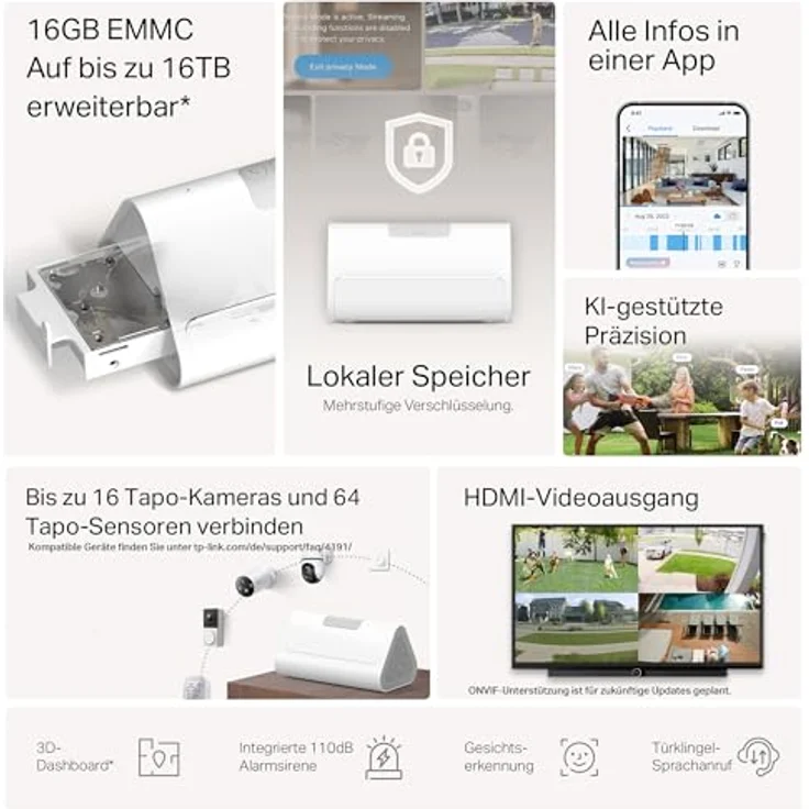 Tapo H500 HomeBase, 16GB integriert, erweiterbar auf 16TB, unterstützt 16 Tapo-Kameras & 64 Sensoren, HDMI, 5GHz WLAN/Ethernet, integrierter Alarm, Matter-kompatibel – Bild 3