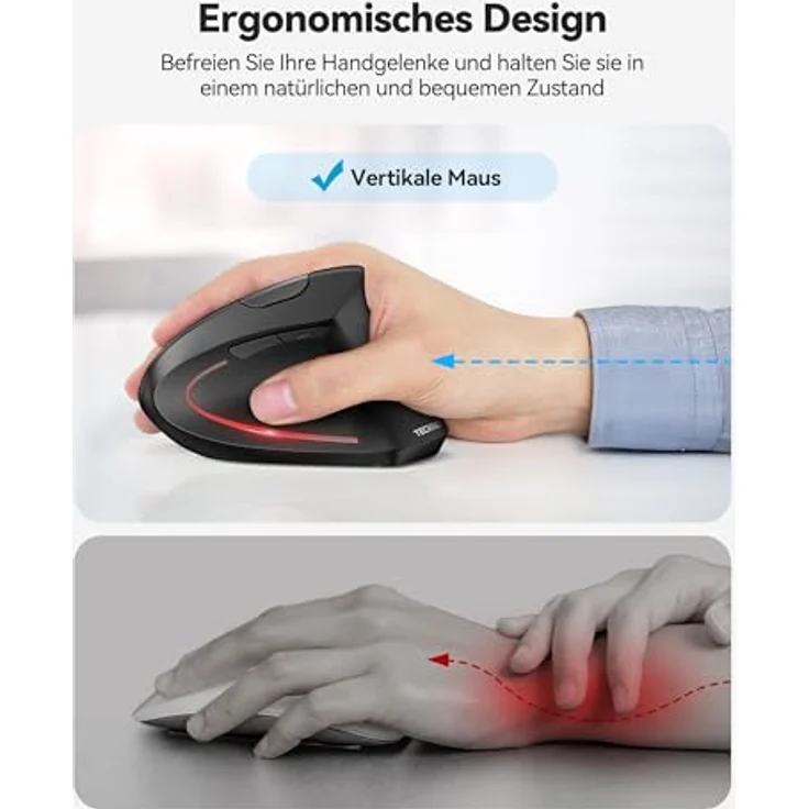 TECKNET Ergonomische Bluetooth Maus Jiggler, Wiederaufladbar, 4800 DPI, Optische Leise Vertikale Funkmaus für Windows, MacOS, Android, iPadOS – Bild 4