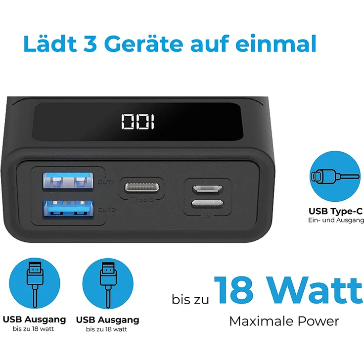 RealPower PB-20k PD Mobiles Ladegerät, 2 USB Ports, USB C sowie Lightning Ein-/Ausgang und Power Delivery, Powerbank, 20000 mAh, schwarz (306949) – Bild 7