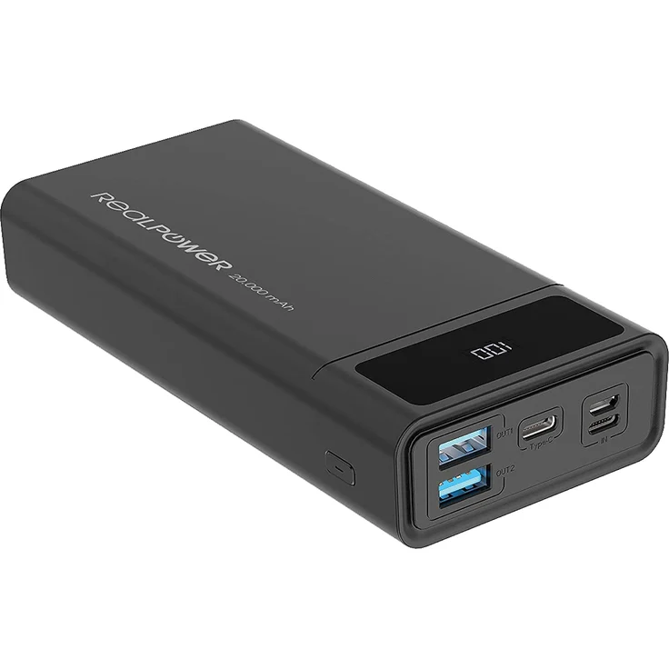 RealPower PB-20k PD Mobiles Ladegerät, 2 USB Ports, USB C sowie Lightning Ein-/Ausgang und Power Delivery, Powerbank, 20000 mAh, schwarz (306949) – Bild 1