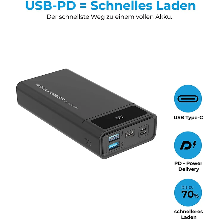 RealPower PB-20k PD Mobiles Ladegerät, 2 USB Ports, USB C sowie Lightning Ein-/Ausgang und Power Delivery, Powerbank, 20000 mAh, schwarz (306949) – Bild 5