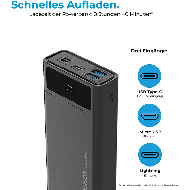 RealPower PB-20k PD Mobiles Ladegerät, 2 USB Ports, USB C sowie Lightning Ein-/Ausgang und Power Delivery, Powerbank, 20000 mAh, schwarz (306949) – Bild 6