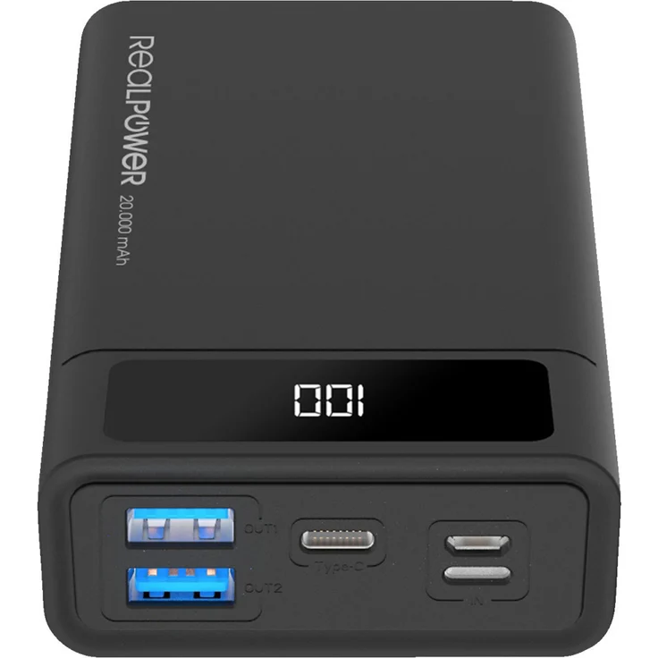 RealPower PB-20k PD Mobiles Ladegerät, 2 USB Ports, USB C sowie Lightning Ein-/Ausgang und Power Delivery, Powerbank, 20000 mAh, schwarz (306949) – Bild 2