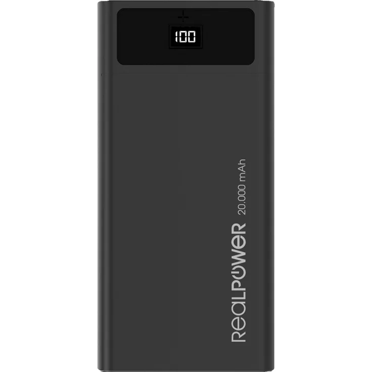 RealPower PB-20k PD Mobiles Ladegerät, 2 USB Ports, USB C sowie Lightning Ein-/Ausgang und Power Delivery, Powerbank, 20000 mAh, schwarz (306949) – Bild 3