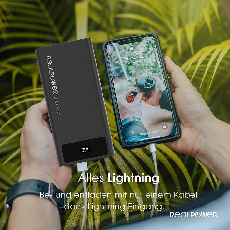 RealPower PB-20k PD Mobiles Ladegerät, 2 USB Ports, USB C sowie Lightning Ein-/Ausgang und Power Delivery, Powerbank, 20000 mAh, schwarz (306949) – Bild 8