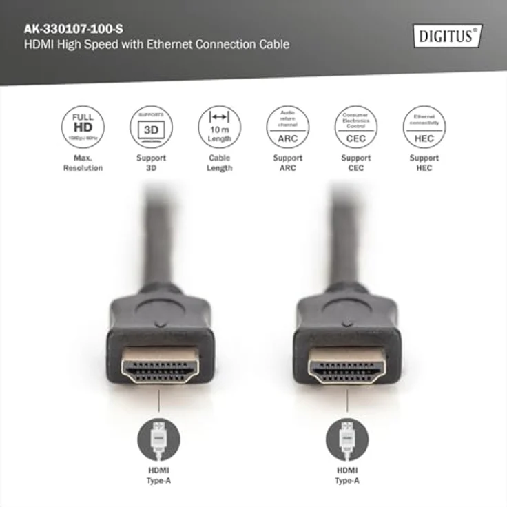ASSMANN HDMI High Speed Ethernet Anschlusskabel , 10m, Full HD (1080p), 60 Hz, Typ A, Stecker-Stecker, Schwarz – Bild 2