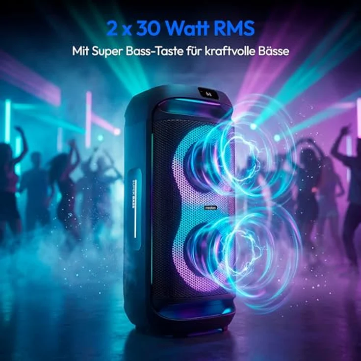 MEDION PE-2 Plus Partybox, tragbarer Bluetooth Lautsprecher mit 2 x 30 Watt RMS, 21,5 Stunden Akkulaufzeit, Mikrofon, Karaoke-Funktion und verschiedene Lichteffekte – Bild 3