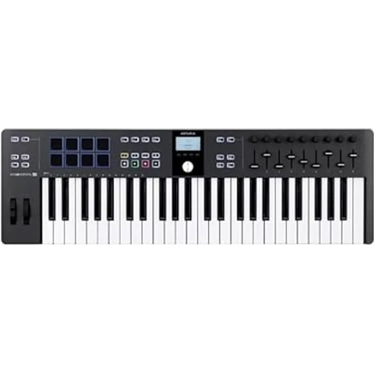 Arturia - KeyLab Essential 49 mk3 - MIDI Controller-Keyboard für die Musikproduktion - 49 Tasten, 9 Drehregler, 9 Fader, ein Modulationsrad, ein Pitch-Bend-Rad, 8 Pads - Schwarz
