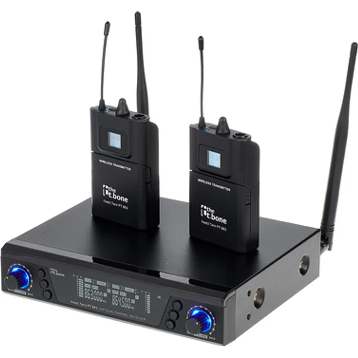 the t.bone freeU Twin PT 863, 2-kanaliges UHF Wireless-System mit Taschensender und Gitarrenkabel, 863-865 MHz, 10 mW Sendeleistung, LCD Display, inkl. Rackkit und Antennen