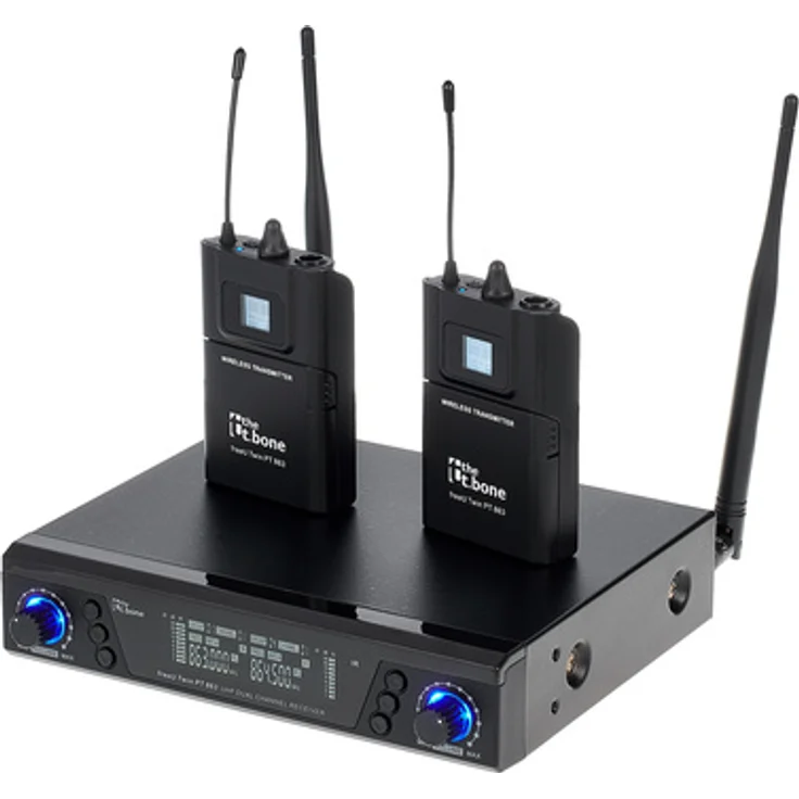 the t.bone freeU Twin PT 863, 2-kanaliges UHF Wireless-System mit Taschensender und Gitarrenkabel, 863-865 MHz, 10 mW Sendeleistung, LCD Display, inkl. Rackkit und Antennen