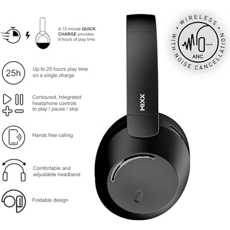 Mixx Audio StreamQ C4, Kabellose Kopfhörer mit 40 Stunden Akkulaufzeit und aktiver Geräuschunterdrückung, Schwarz – Bild 2