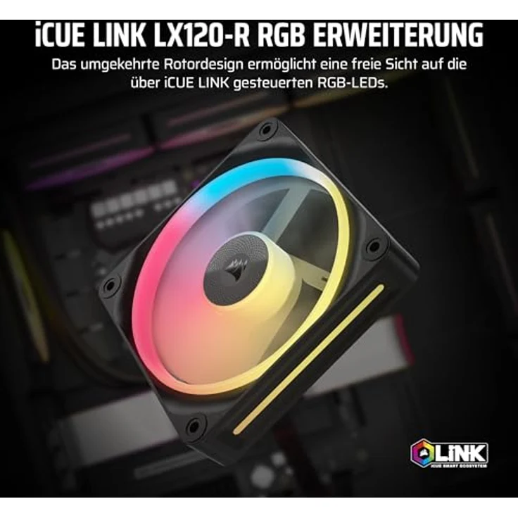 Corsair iCUE LINK LX120-R RGB 120mm PWM-Umkehrlüfter – Schwarz, Geräuscharm, Zwei Lichtschleifen, Magnetische Kuppellagerung – Bild 2
