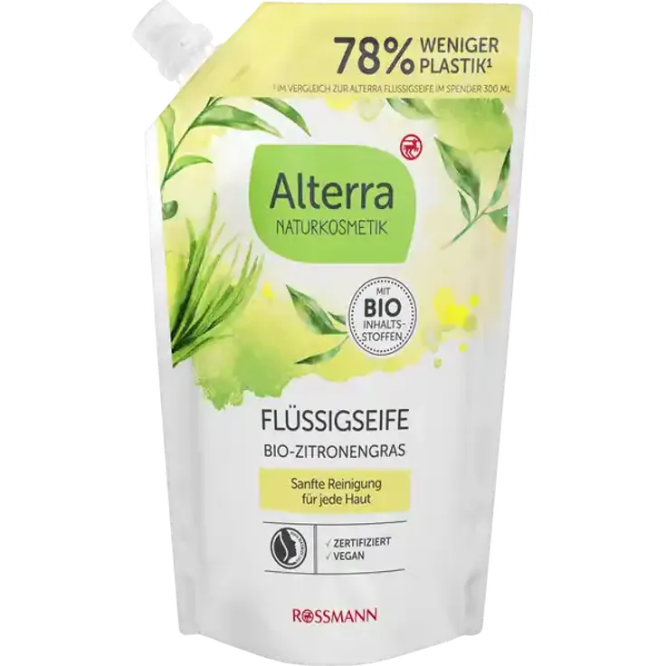 Alterra Naturkosmetik Flüssigseife Bio-Zitronengras & Grüner Tee, Nachfüllbeutel, vegane Handseife, sanfte Reinigung, 500 ml