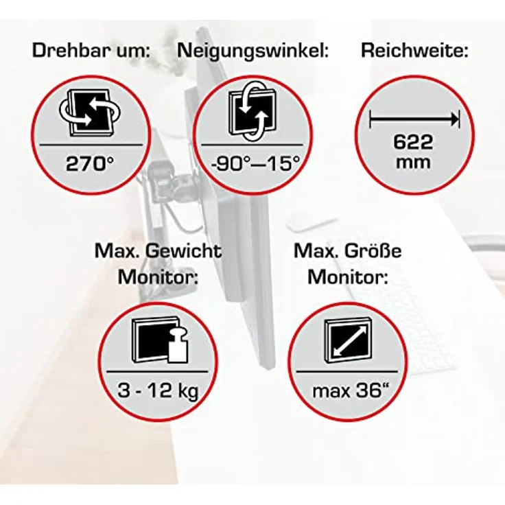 Vantage Premium Monitor Einzelarm Halterung (VESA 75 & 100, max. 3-12 kg, für 17-36 Zoll Bildschirme, mit Gasdruckfeder, drehbar, neigbar, schwenkbar) schwarz – Bild 5