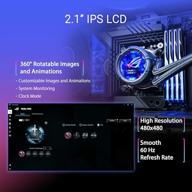 ASUS ROG Strix LC III ARGB LCD All-in-One Flüssig-CPU-Wasserkühlung (2,1 Zoll IPS-LCD Display, Aseteks Gen7 v2 Pumpe, 3x ROG ARGB-Lüfter, 0dB Technologie, schwarz) – Bild 2