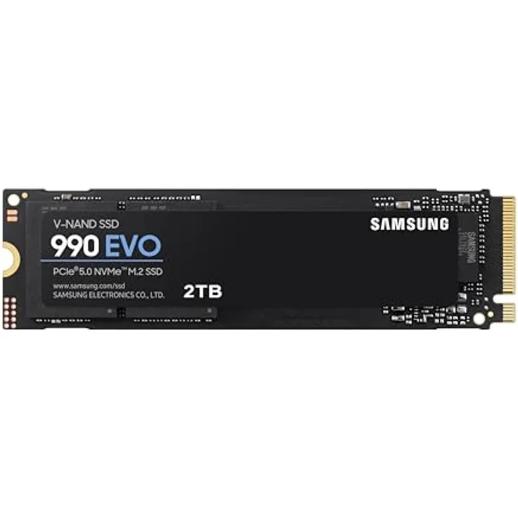 Samsung 990 EVO NVMe M.2 SSD 2 TB, PCIe 4.0 x4 / PCIe 5.0 x2, NVMe 2.0 (2280), 5.000 MB/s Lesen, 3.200 MB/s Schreiben, Interne SSD für Gaming und Grafikbearbeitung, MZ-V9E2T0BW