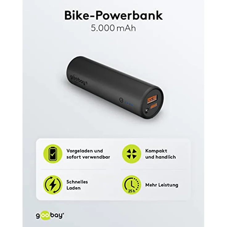 Goobay 60656 Bike Powerbank 5.0 5000 mAh inkl. verstärkter Halterung für Fahrradlenker/Powerbank für Ebike/Externer Akku/Ladegerät mit Quickcharge & Power Delivery/Charger für Samsung/Apple Klein – Bild 2