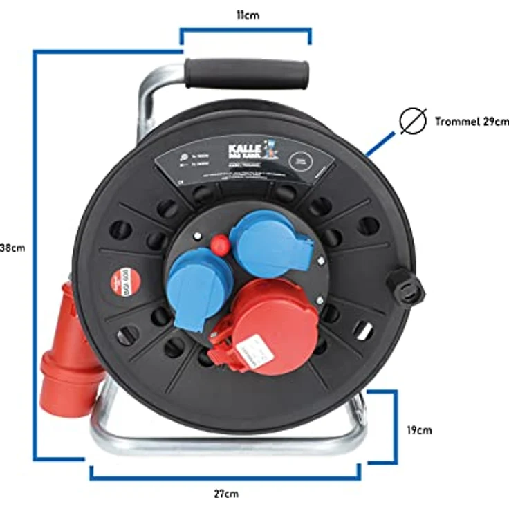 KALLE DAS KABEL Kabeltrommel RED Starkstrom mit 2 Schukosteckdosen und einer CEE 400V Steckdose H07RN-F 5G 2,5mm² 20 Meter für Handwerker Heimwerker Baustellen und dem Einsatz im Außenbereich – Bild 4