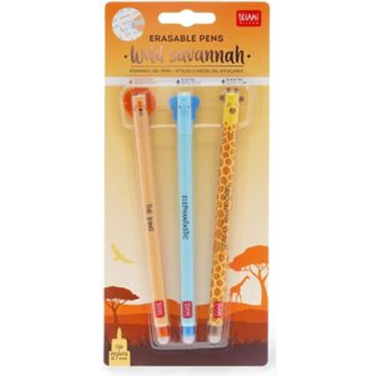 Legami Gelschreiber Savannah, EPSET0003, löschbar, Gehäuse Löwe, Elefant, Giraffe, 0,7mm, 3 Stück – Bild 1
