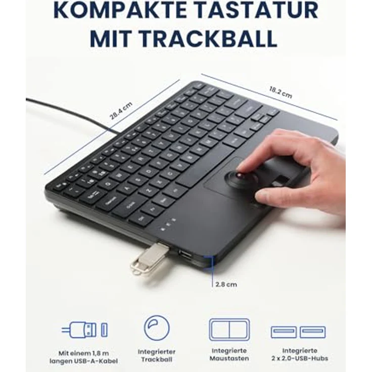 Perixx PERIBOARD-427 H DE, USB-Mini-Tastatur mit Trackball und LED-Hintergrundbeleuchtung in Rot und Weiß – Bild 3
