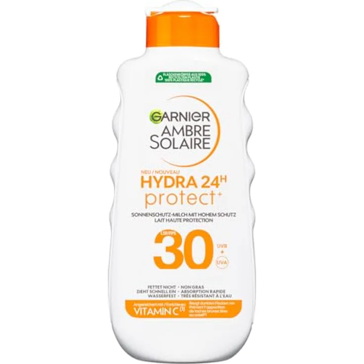 Garnier Ambre Solaire Hydra Protect+ Sonnenschutz-Milch 24h LSF 30, UVA/UVB-Schutz mit Vitamin C, 175 ml