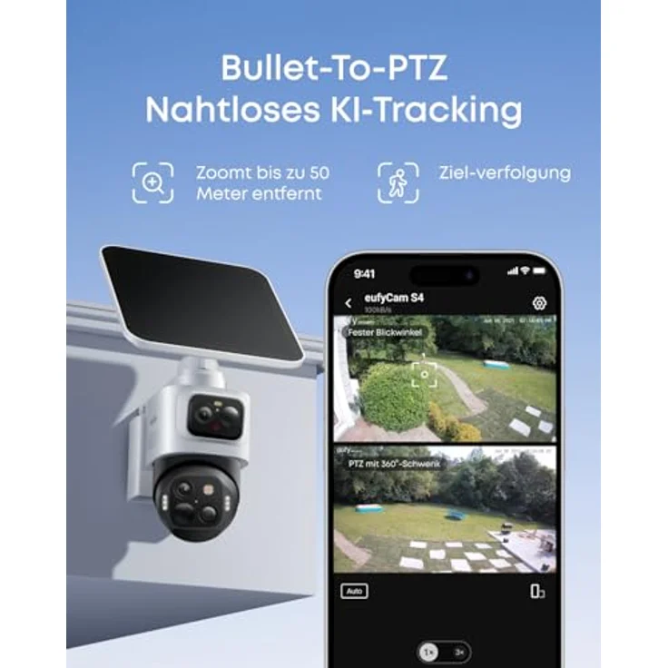 eufy Security eufyCam S4 2‑Kamera‑Set, kabellose Solar‑Überwachungskamera, 4K UHD, 360° Tracking, 8× Hybridzoom, Farbnachtsicht, 16TB lokal – Bild 3